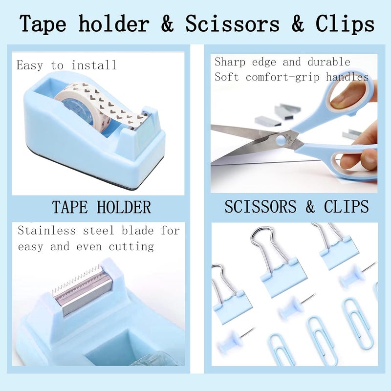 Dimonluce Blue Desk Accessories, Blue Office Supplies Accessories with Tape Dispenser, Stapler, Staple Remover, 1000 Staples, Tape, Clips Set, Ruler, Scissor, Pen - Image 3